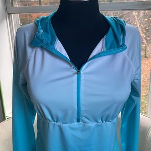 Kyodan active wear, aqua turquoise, size petite, small, zipper front and hooded.